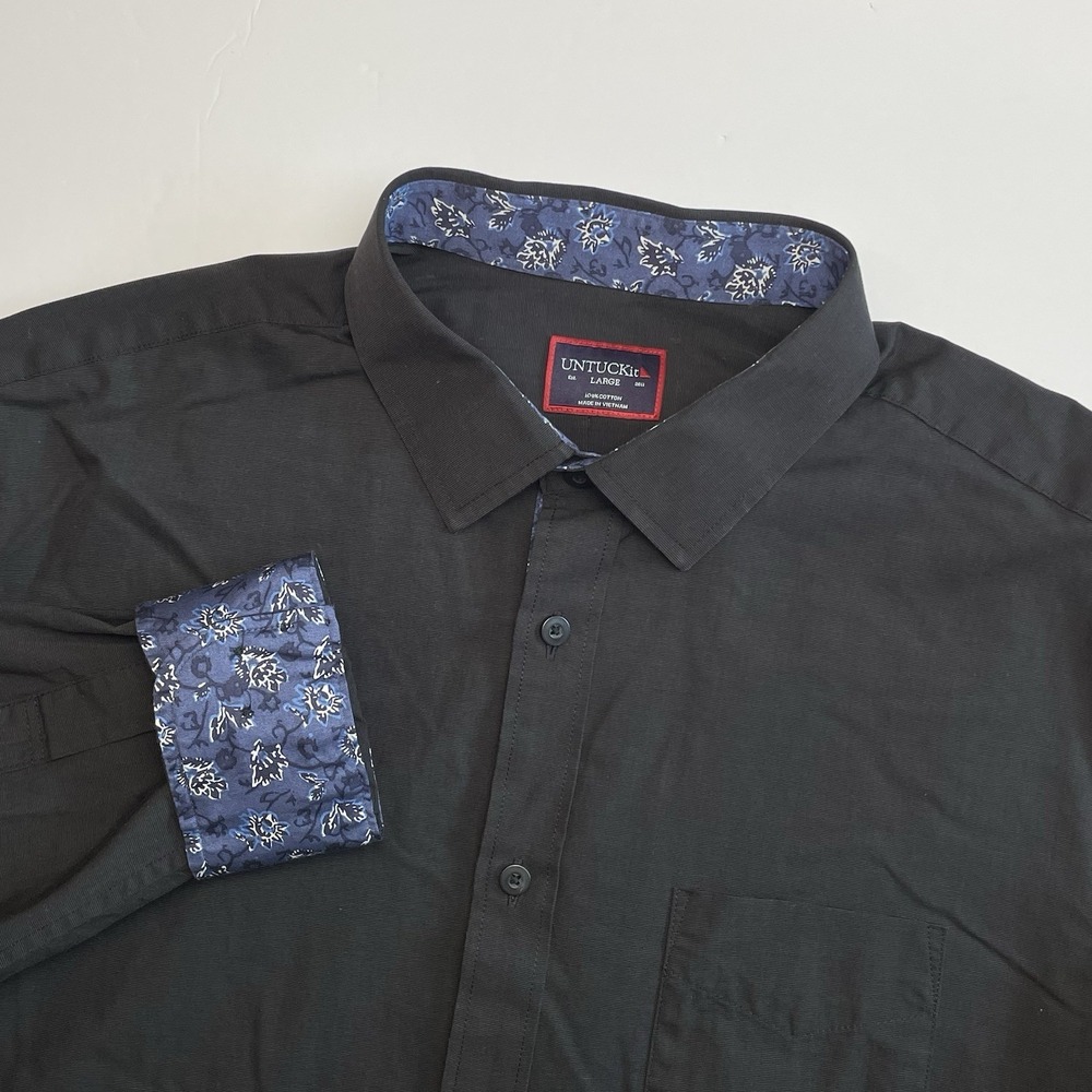 UNTUCKit Moreau Shirt Mens Large Black Long Sleeve Blue‎ Floral Contrast Trim